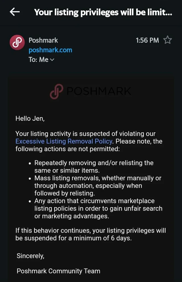 Poshmark New Relisting Policy Email