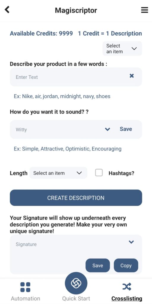 AI description writer within the Sidekick Tools app