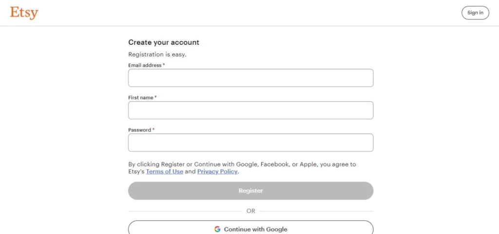 Create account on Etsy