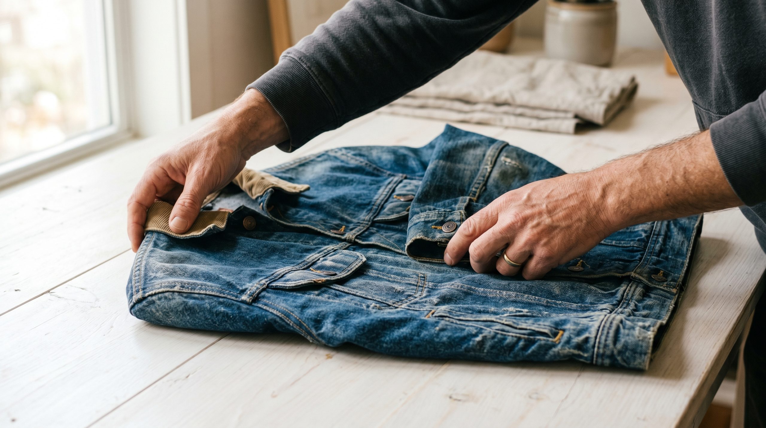 tariffs hands folding 1 scaled Reseller preparing vintage denim jacket for listing