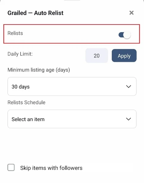 Relist Toggle Relist Toggle