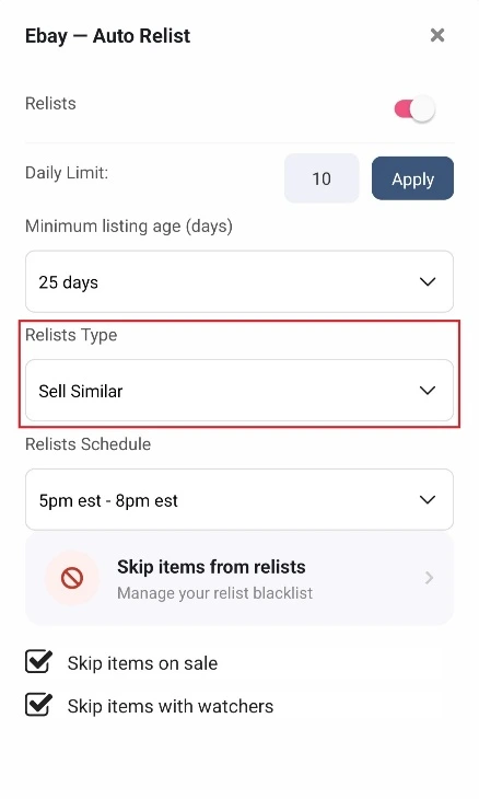 Select Relists Type Select Relists Type