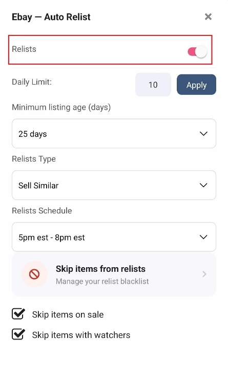 Turn On Relist Toggle Turn On Relist Toggle