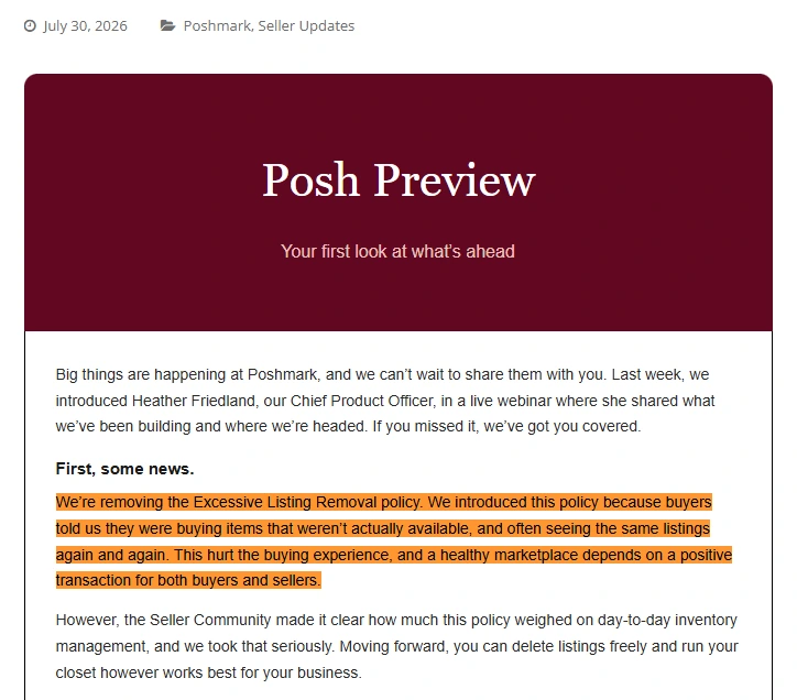 Poshmark Removes Excessive Listing Removal Policy Poshmark Removes Excessive Listing Removal Policy