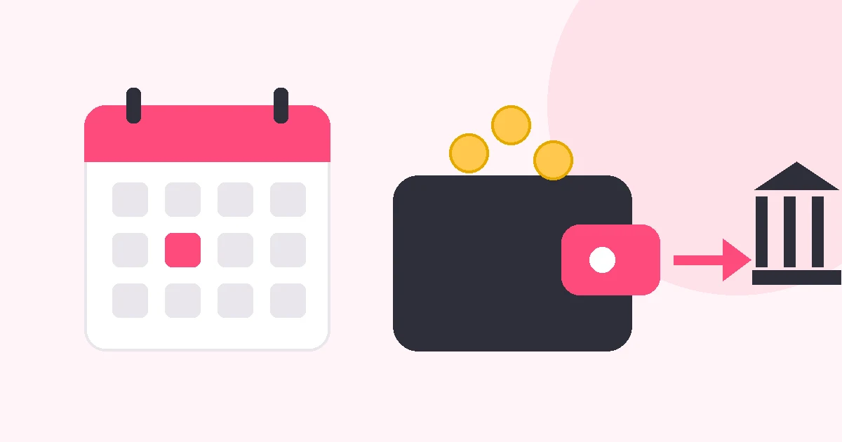 Flat illustration of a calendar, a wallet with coins, and an arrow pointing to a bank