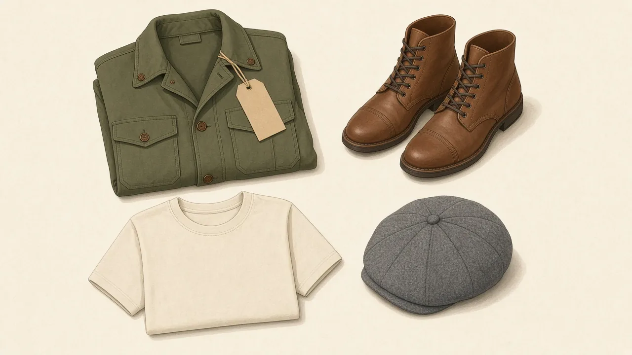 Flat lay illustration of menswear resale items: a folded olive jacket with a blank price tag, brown leather boots, a plain cream t-shirt and a gray wool cap.