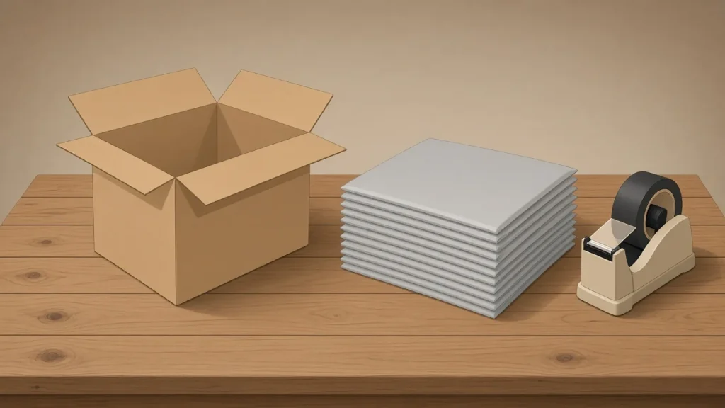hazmat clean packaging options Illustration of a plain open cardboard box with no markings, a stack of new gray poly mailers and a tape dispenser on a wooden packing table.
