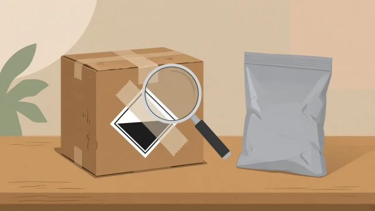 Illustration of a reused cardboard box with a black-and-white diamond marking partly covered by tape, a magnifying glass above it, and a plain poly mailer beside it.