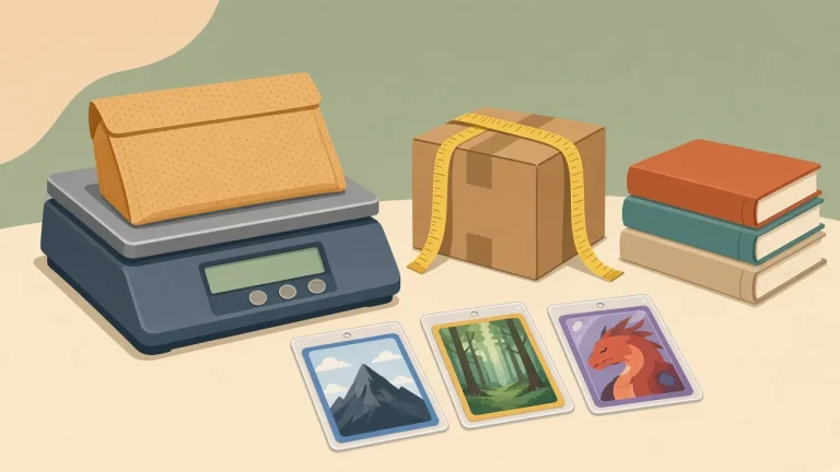 Illustration of a reseller packing station with a shipping scale holding a padded mailer, a measuring tape draped over a small box, a stack of books and a few sleeved trading cards.