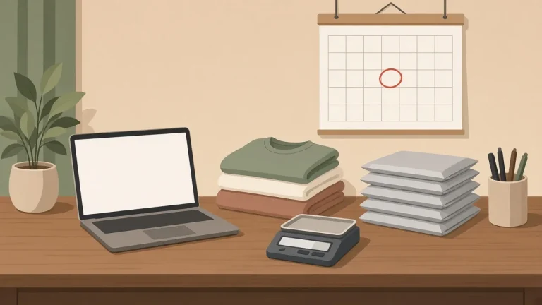 Flat illustration of a reseller's desk with a laptop, folded clothes, a shipping scale, poly mailers and a wall calendar with one day circled.
