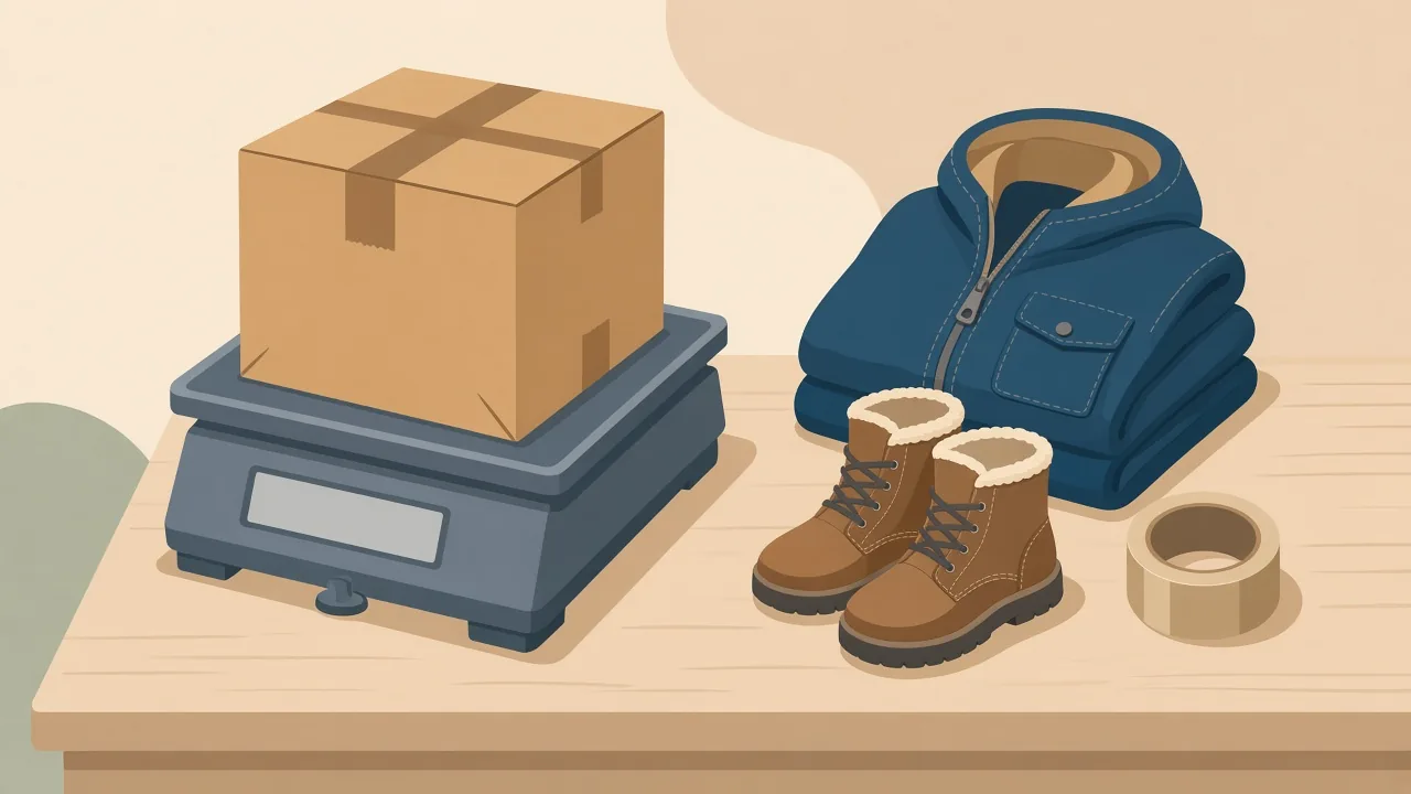 Illustration of a cardboard box on a shipping scale with a blank display, beside a folded winter coat, a pair of lined boots and a roll of packing tape on a wooden table.