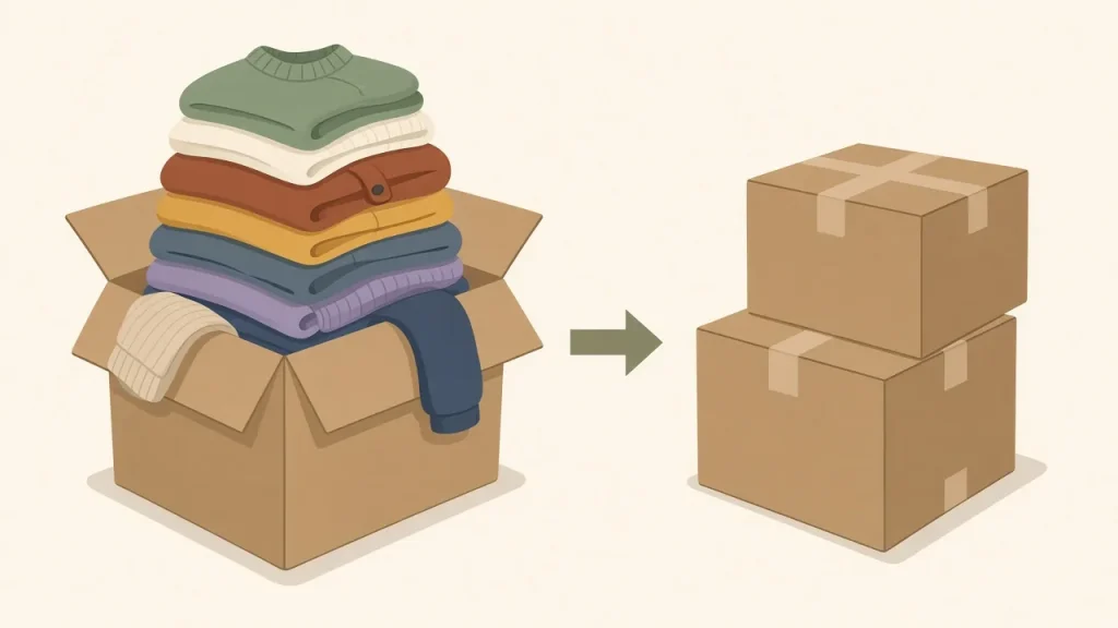 poshmark heavy package split boxes Illustration of an overstuffed open cardboard box of clothing on the left and the same items split into two smaller taped boxes on the right, with a curved arrow pointing from one to the other.