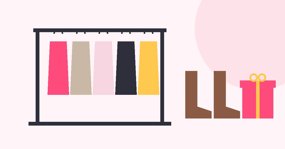 Flat illustration of a clothing rack with sweaters and coats, a pair of boots and a wrapped gift