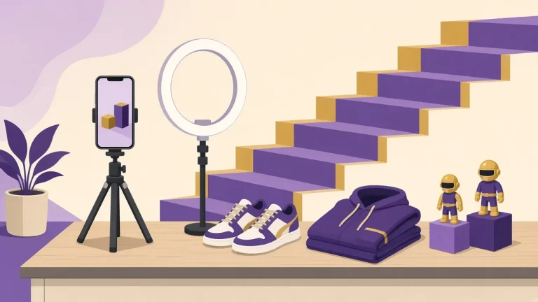 Illustration of a home live selling setup with a phone on a tripod, a ring light, a table of sneakers, a jacket and small collectible figures, with a staircase of purple and gold blocks in the background.