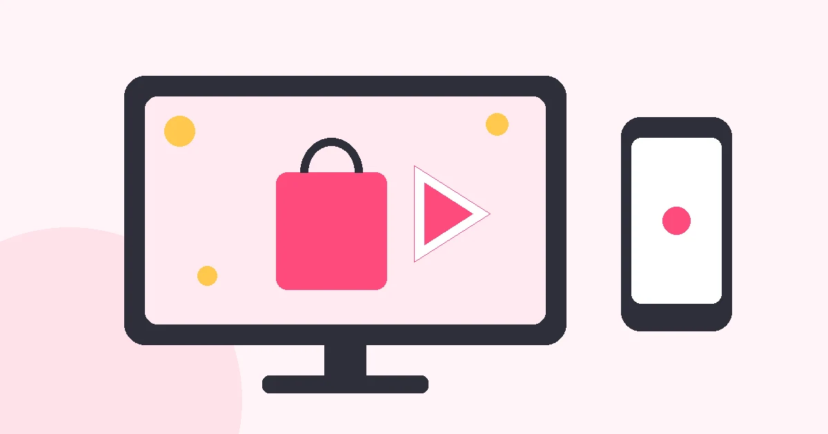 Flat illustration of a TV showing a shopping bag and play button next to a phone